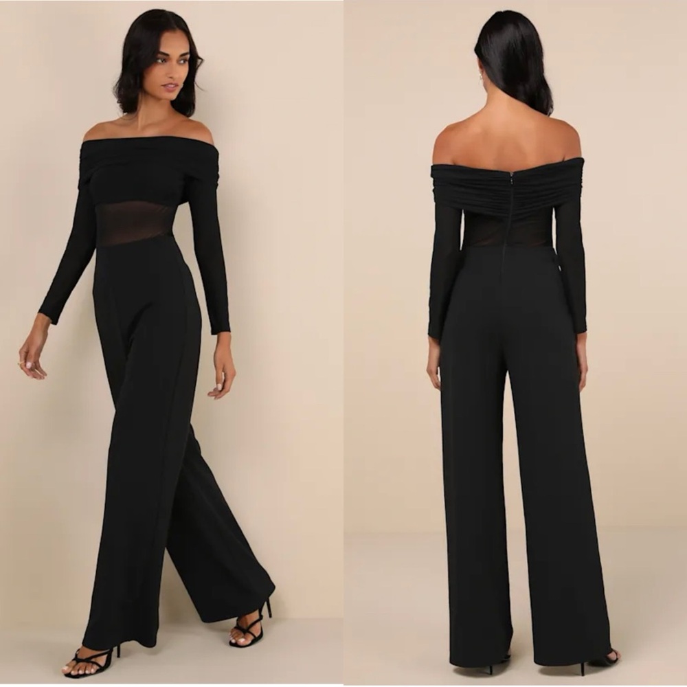 NWT Lulus Sultry Statement Black Mesh Ruched Off-The-Shoulder Jumpsuit Medium